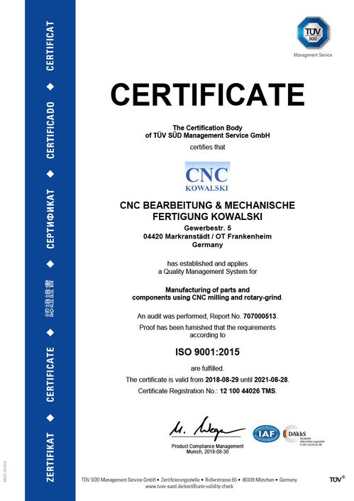 Zertifikat von CNC-Bearbeitung & mechanische Fertigung Kowalski in Markranstädt bei Leipzig